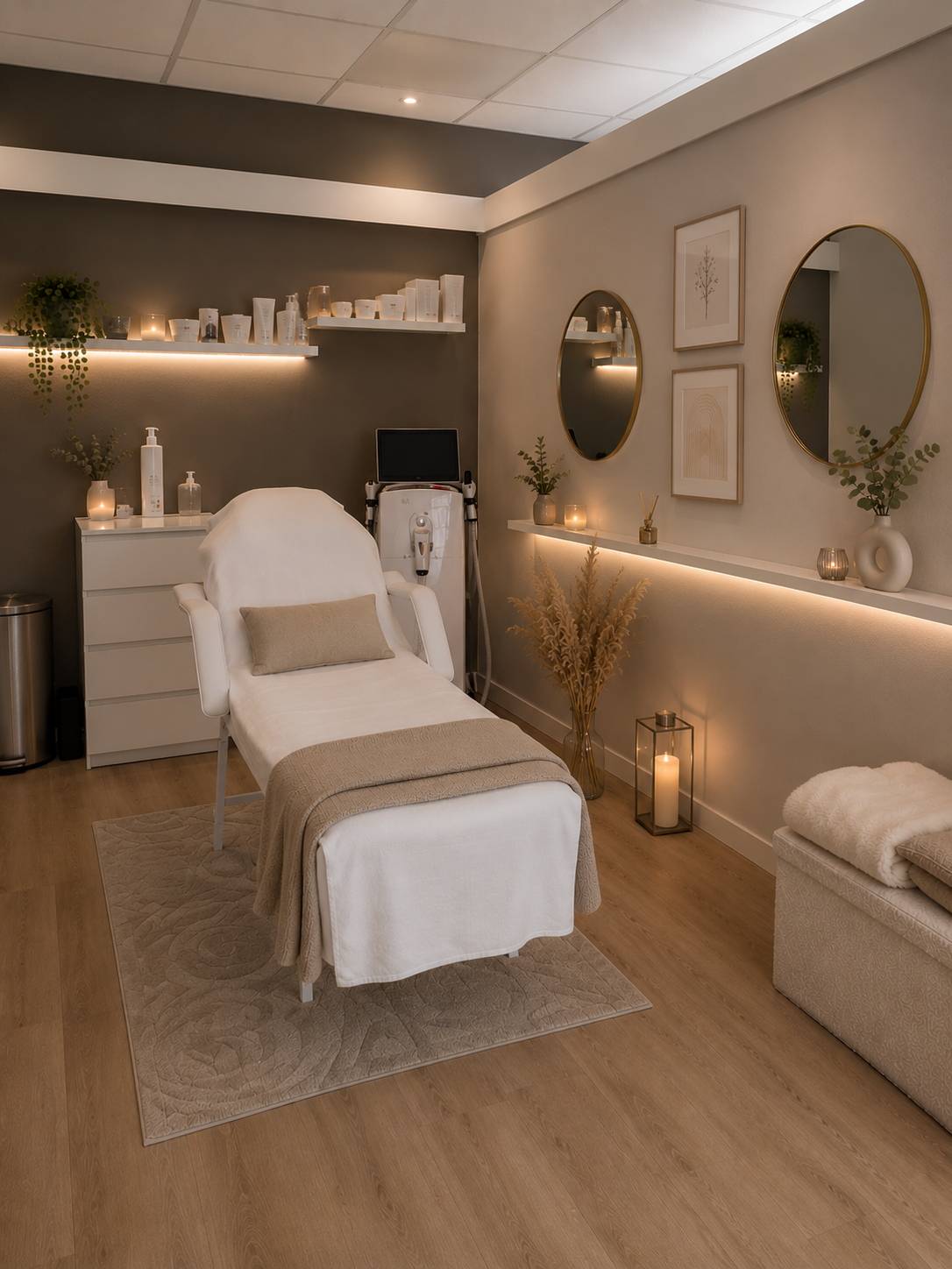 De behandelkamer van Maès Beauty: behandelbed, laserapparaat en ronde spiegels